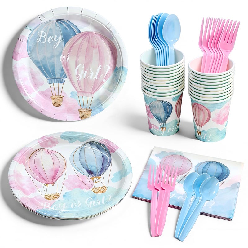 Unidemo 144 PCS Baby Gender Reveal Party Supplies for 24 Guests â€“ Disposable Tableware with Gender Reveal Plates and Napkins Set Boy or Girl Baby Shower Decorations - Image 1
