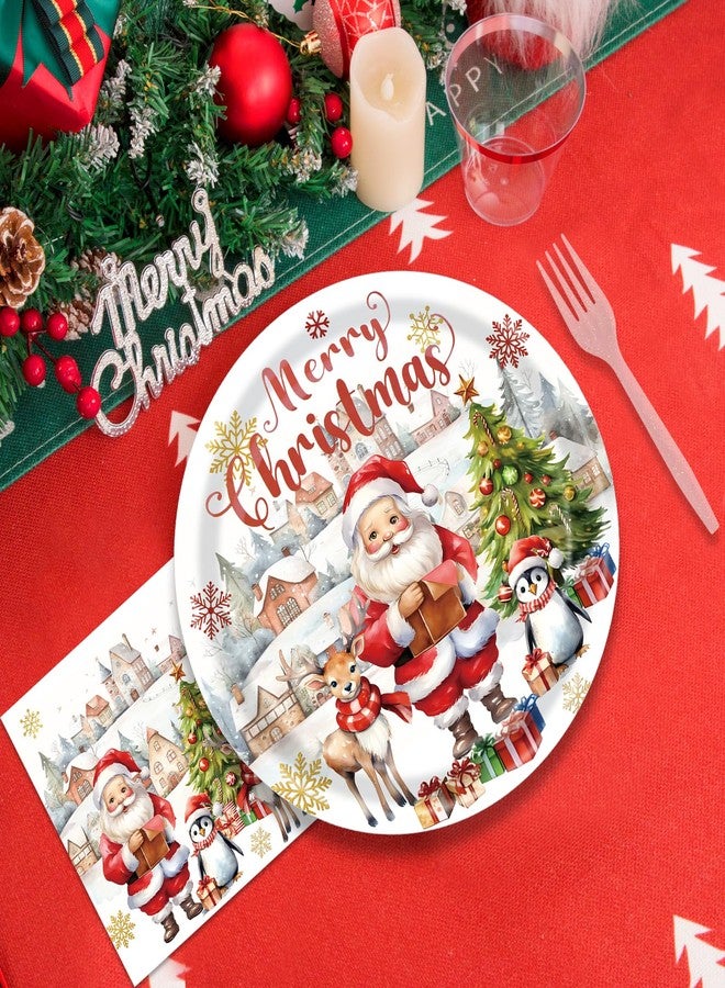 Paezm 96 Pieces Christmas Tableware Set – Santa Claus, Reindeer, and Penguin Disposable Plates, Napkins, and Forks Party Supplies for Holiday Dinners, Xmas Parties, and Winter Celebrations - Image 4