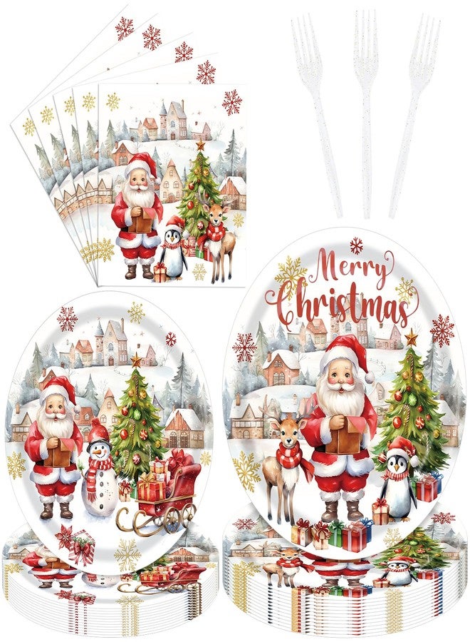 Paezm 96 Pieces Christmas Tableware Set – Santa Claus, Reindeer, and Penguin Disposable Plates, Napkins, and Forks Party Supplies for Holiday Dinners, Xmas Parties, and Winter Celebrations - Image 1