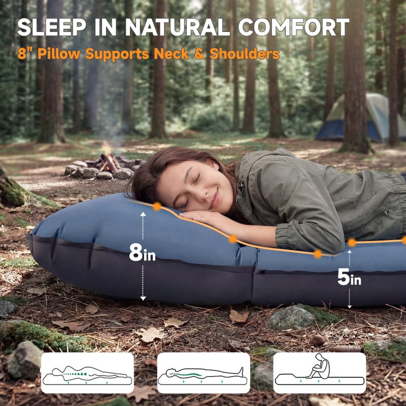 Aonhom Camping Sleeping Pad, 5" Ultralight Inflatable Sleeping Mat with Pillow, Built-in Foot Pump Inflatable Sleeping Pads Compact for Camping Backpacking Hiking Traveling Tent - Image 2