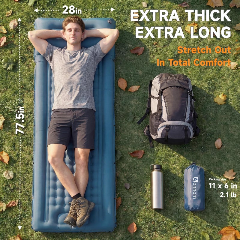 Aonhom Camping Sleeping Pad, 5" Ultralight Inflatable Sleeping Mat with Pillow, Built-in Foot Pump Inflatable Sleeping Pads Compact for Camping Backpacking Hiking Traveling Tent - Image 3