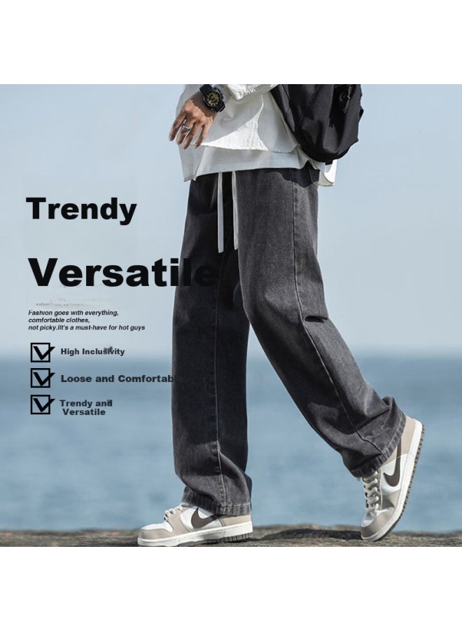 Vancamel Men's Loose Straight-leg Jeans Casual Korean Style Wide-leg Cropped Pants Men's Denim Trousers Black Grey 3XL - Image 3