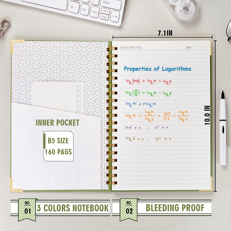 OWSC Lined Spiral Notebook with thick 110 GSM Papers, 320 Pages B5 Size College Ruled Notebook, Hardcover 7.1 x 10 Inches Journal for Women and Men, Notebooks for work, School (2 Pack B5 Grey Green) - Image 3