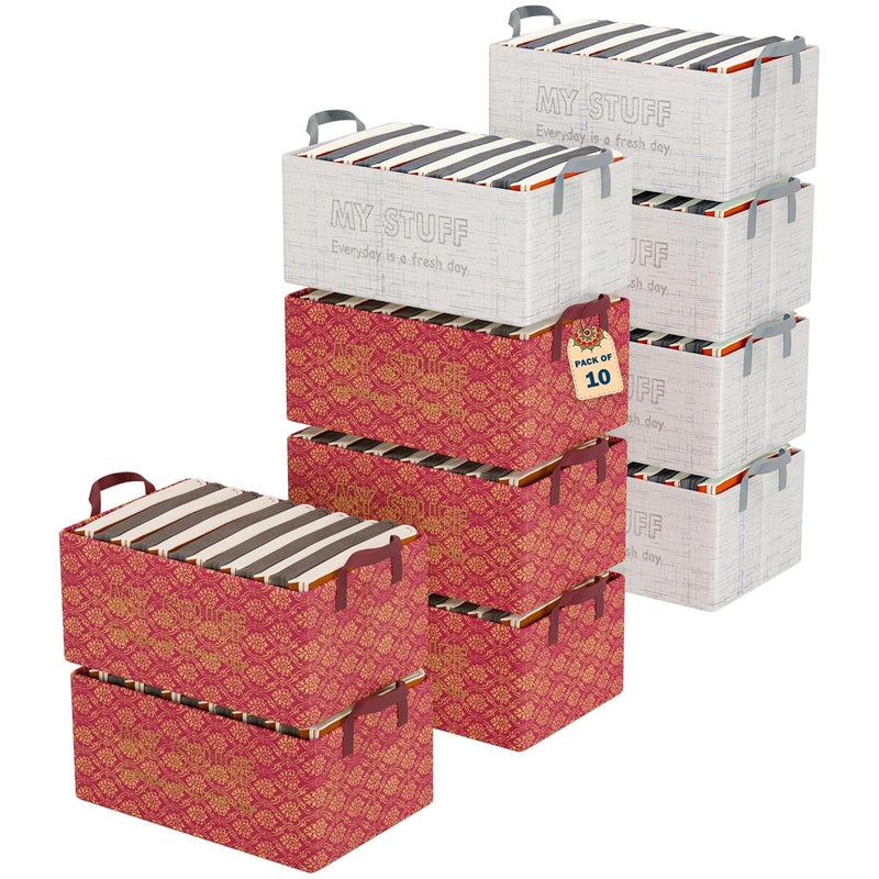 Urbane Home Urbane Home Pack of 10 Foldable NonWoven Storage Box for Clothes Dress Towel Organiser for Wardrobe Collapsible Container Basket Grey Maroon - Image 1