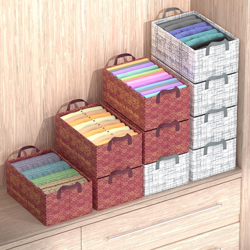 Urbane Home Urbane Home Pack of 10 Foldable NonWoven Storage Box for Clothes Dress Towel Organiser for Wardrobe Collapsible Container Basket Grey Maroon - Image 2