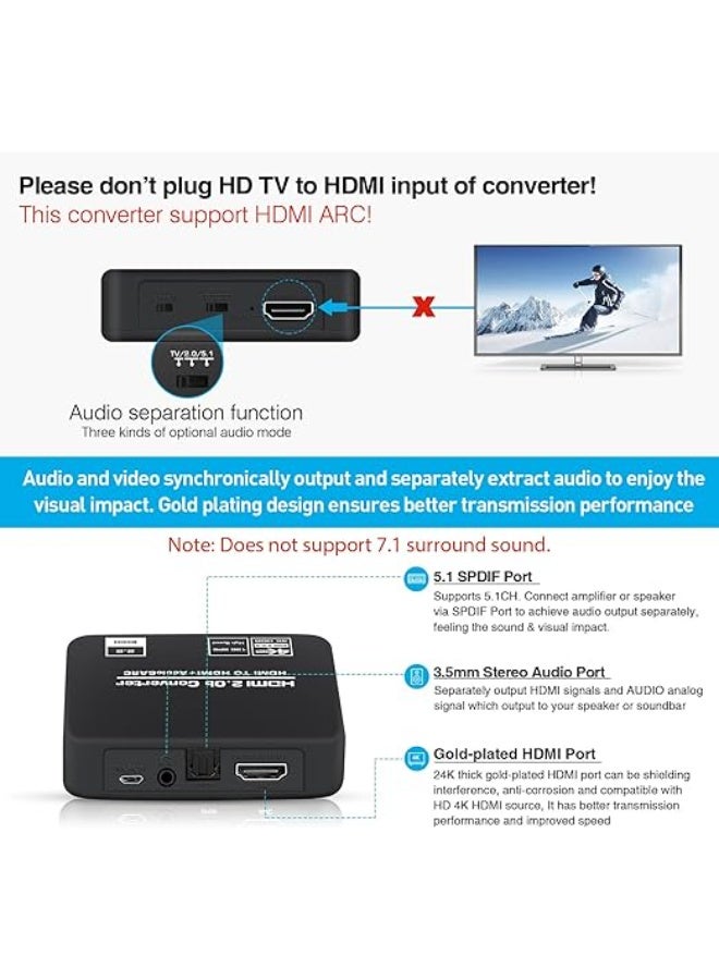 avedio Links 4K@60Hz HDMI 2.0b Audio Extractor Splitter Converter - HDMI to Optical Toslink SPDIF + 3.5mm Stereo Analog Output Optical Fiber Included - Image 2