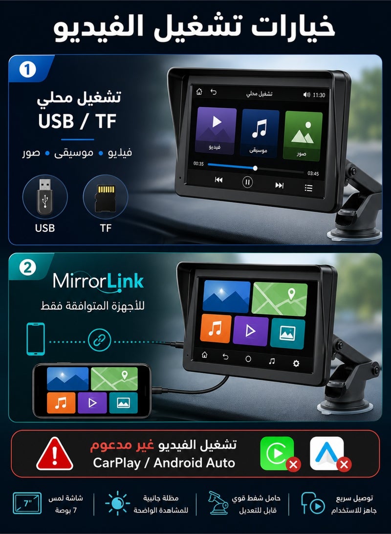 XUTIANZE 7-Inch Portable Wireless Apple CarPlay & Android Auto Screen, 1024×600 Touch Display, Bluetooth 5.0 Music & Hands-Free Calls, USB/TF Local Media Playback, Compatible MirrorLink, AUX Output, FM Transmitter, 12V–24V - Image 4