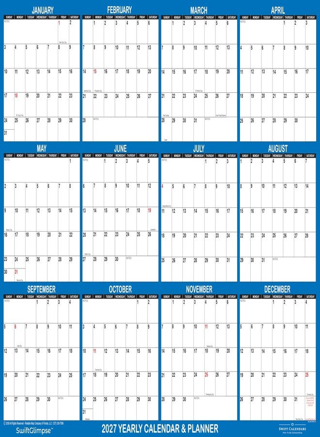 Swiftmaps 18" x 24" SwiftGlimpse 2027 Wall Calendar Erasable Large Wet & Dry Erase Laminated 12 Month Annual Yearly Wall Planner, Reversible, Horizontal/Vertical (NAVY) - Image 2