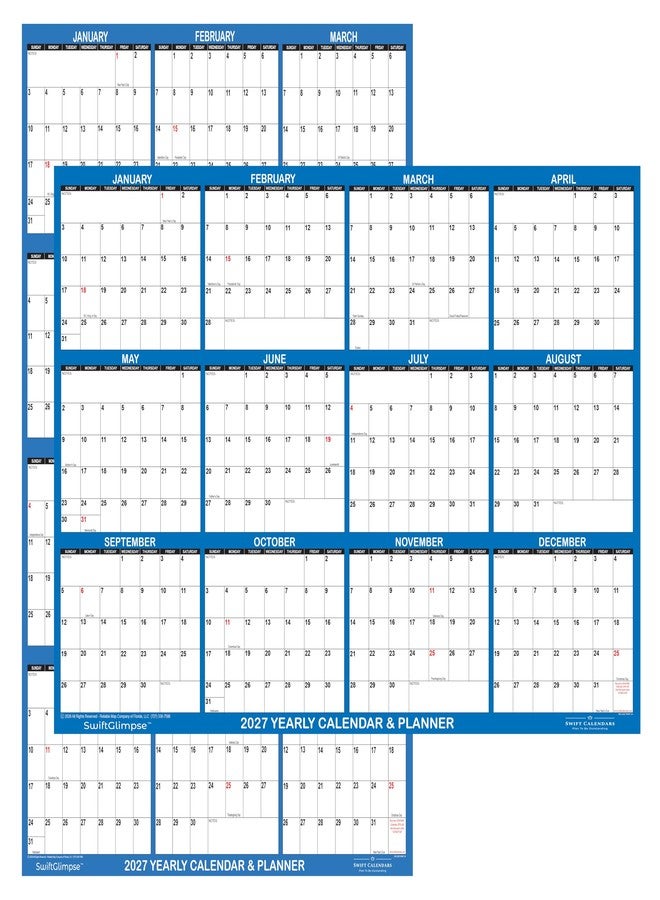 Swiftmaps 18" x 24" SwiftGlimpse 2027 Wall Calendar Erasable Large Wet & Dry Erase Laminated 12 Month Annual Yearly Wall Planner, Reversible, Horizontal/Vertical (NAVY) - Image 1
