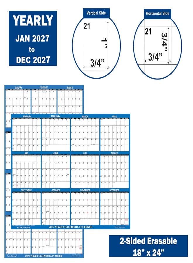 Swiftmaps 18" x 24" SwiftGlimpse 2027 Wall Calendar Erasable Large Wet & Dry Erase Laminated 12 Month Annual Yearly Wall Planner, Reversible, Horizontal/Vertical (NAVY) - Image 4