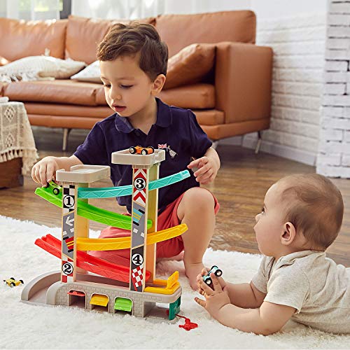 TOP BRIGHT لعبة منحدر السيارات TOP BRIGHT للأطفال من عمر 2 و 3 سنوات هدايا للأطفال الصغار لعبة مضمار سباق للأطفال من عمر 18 شهر مع 4 سيارات خشبية و 3 مرائب للسيارات - Image 5