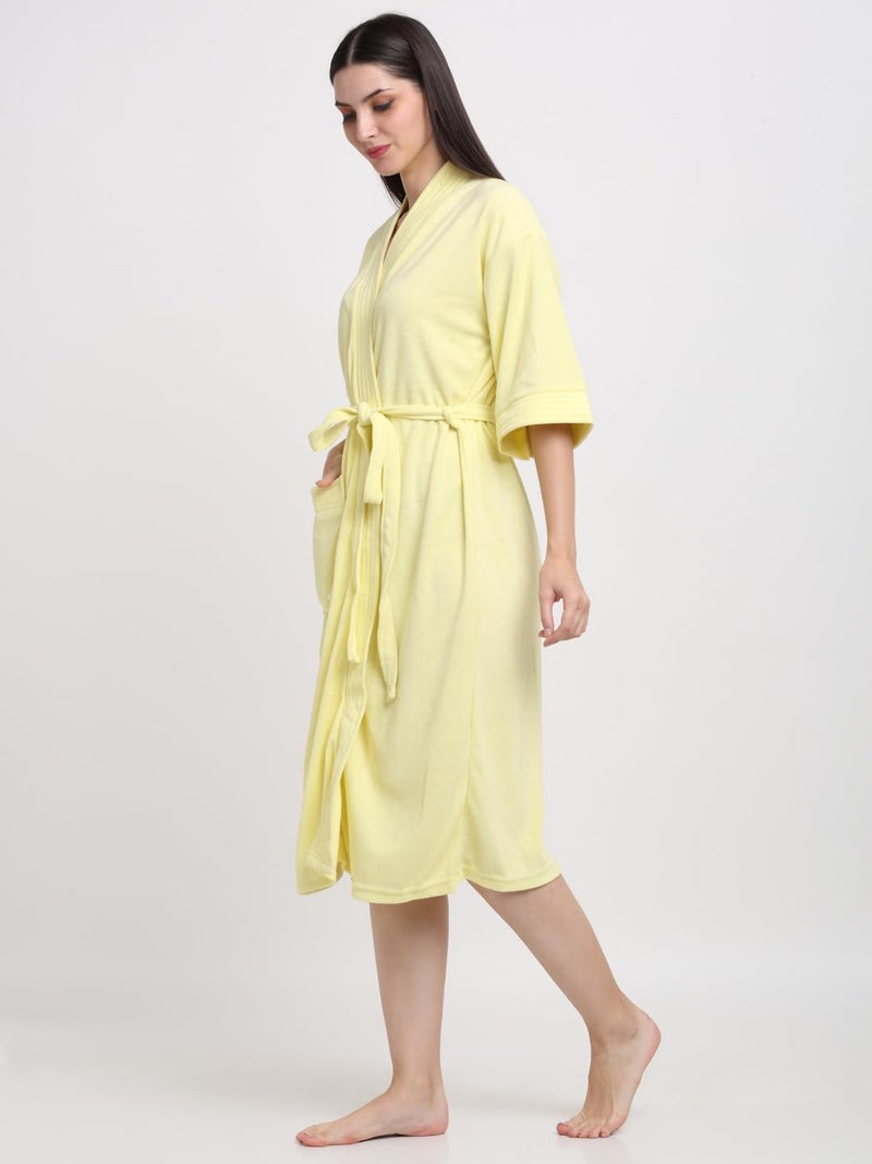 CREEVA Everyday Unisex Micro Terry Bathrobe Collection With kimono collar and 1 Pocket, 3/4 Sleeve Bath Robe Super Soft Light Weight - Lemon - Image 2