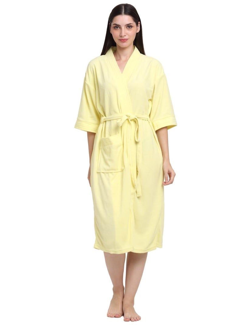 CREEVA Everyday Unisex Micro Terry Bathrobe Collection With kimono collar and 1 Pocket, 3/4 Sleeve Bath Robe Super Soft Light Weight - Lemon - Image 1