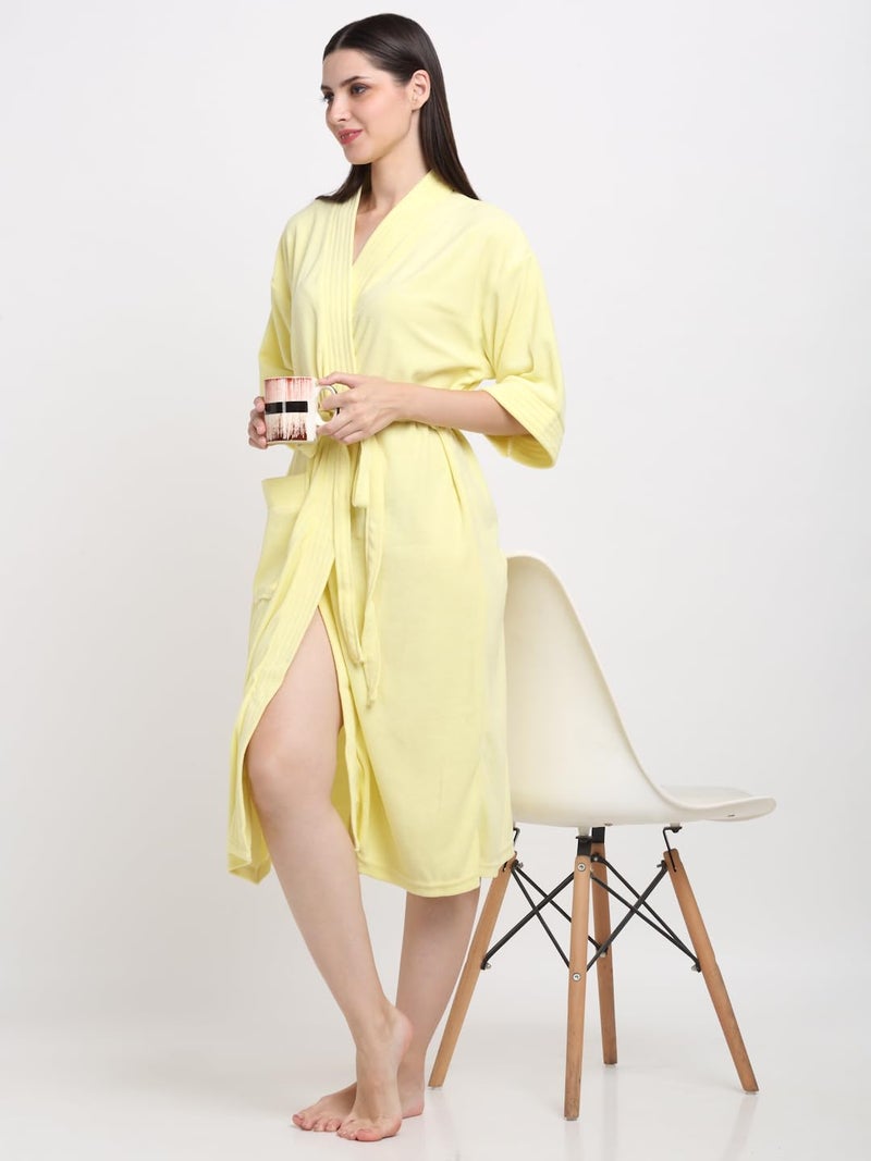 CREEVA Everyday Unisex Micro Terry Bathrobe Collection With kimono collar and 1 Pocket, 3/4 Sleeve Bath Robe Super Soft Light Weight - Lemon - Image 4