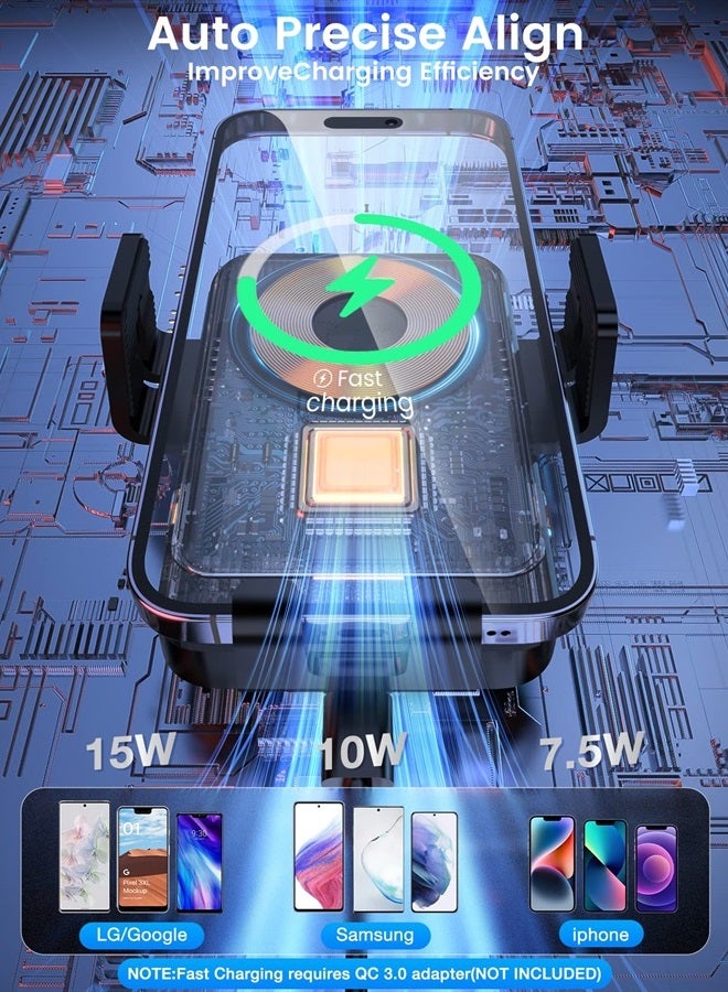 MOKPR Wireless Car Charger, MOKPR 15W Fast Charging Car Mount Auto-Clamping Car Charger, Dashboard Windshield Phone Holder Compatible with iPhone 14/13/13 Pro/12 pro/12/11/X/8, Samsung S23/S22/S10/S9/S8