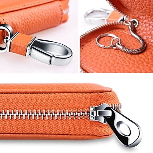 Buffway Car Keychain,Genuine Leather Car Key Chain Coin Holder Metal Hook and Keyring Wallet Zipper Bag for Vehicle Keyless Entry - Brown - Image 4