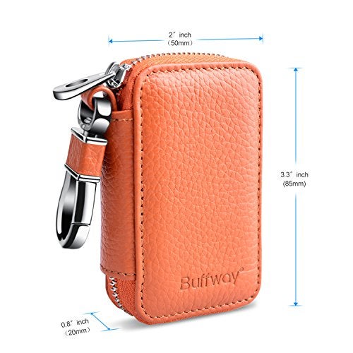 Buffway Car Keychain,Genuine Leather Car Key Chain Coin Holder Metal Hook and Keyring Wallet Zipper Bag for Vehicle Keyless Entry - Brown - Image 3