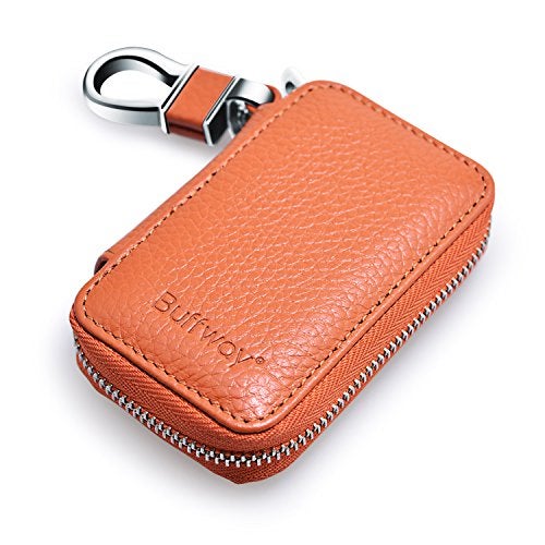 Buffway Car Keychain,Genuine Leather Car Key Chain Coin Holder Metal Hook and Keyring Wallet Zipper Bag for Vehicle Keyless Entry - Brown - Image 1