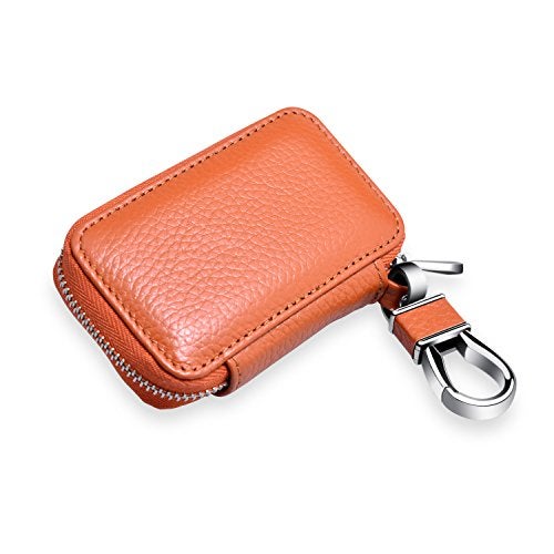 Buffway Car Keychain,Genuine Leather Car Key Chain Coin Holder Metal Hook and Keyring Wallet Zipper Bag for Vehicle Keyless Entry - Brown - Image 5