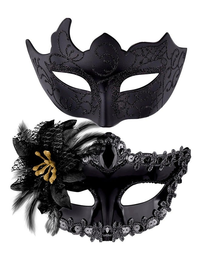 2 Pcs Couple Masquerade Mask Set Venetian Party Mask Mardi Gras Mask Costume Mask Fancy Dress Mask for Women Men (Black)  - Image 1