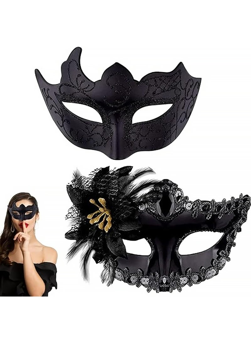 2 Pcs Couple Masquerade Mask Set Venetian Party Mask Mardi Gras Mask Costume Mask Fancy Dress Mask for Women Men (Black) - Image 1