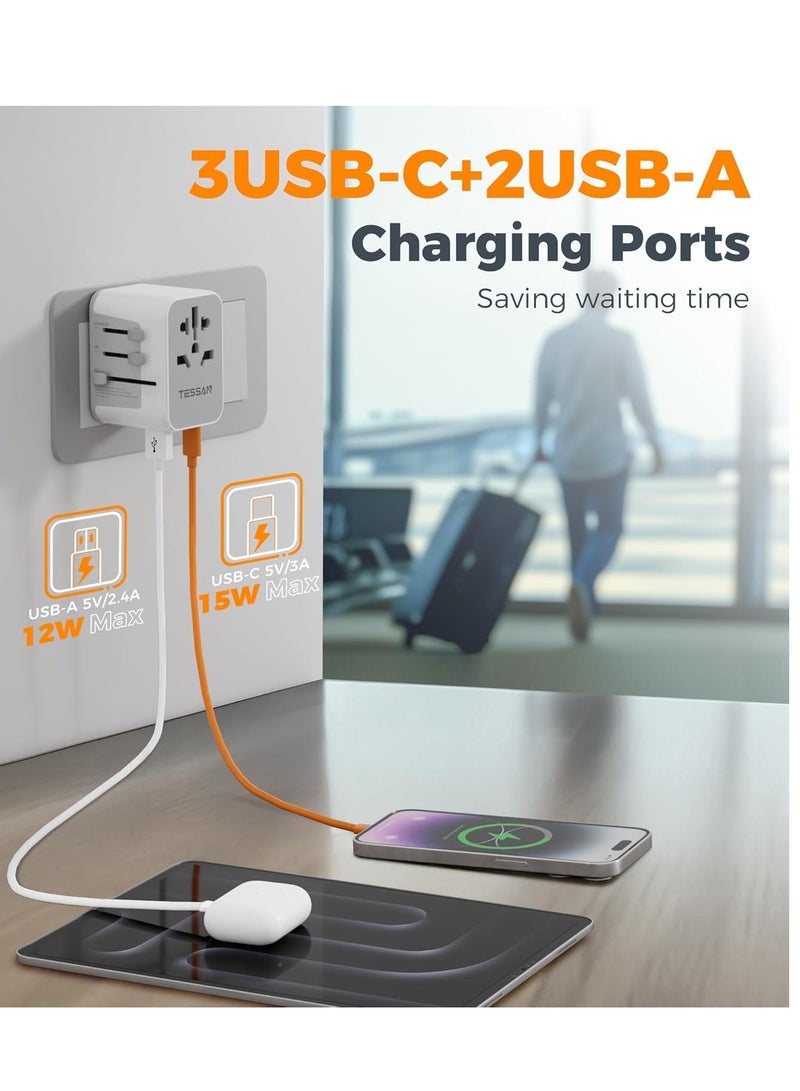 تيسان محول عالمي، محول قابس سفر عالمي مع منفذي USB A و3 منافذ USB C، محول سفر دولي للاتحاد الأوروبي والمملكة المتحدة والولايات المتحدة وأستراليا، شاحن مقبس طاقة للعديد من البلدان، شاحن حائط محول طاقة دولي، محطة شحن محول سفر متعدد 6 في 1 من TESSAN للسفر والمنزل والمكتب، أبيض - Image 4