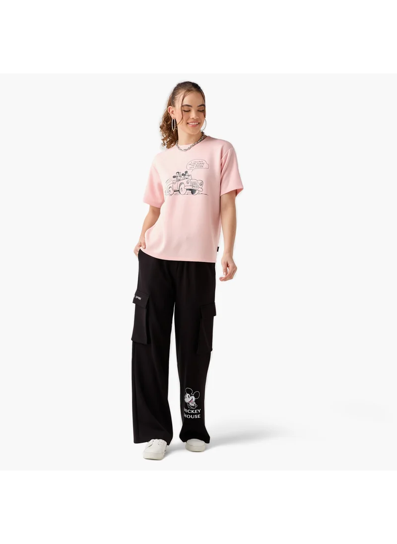 اس بي كاركترز Mickey and Minnie Mouse Print T-shirt with Short Sleeves and Crew Neck