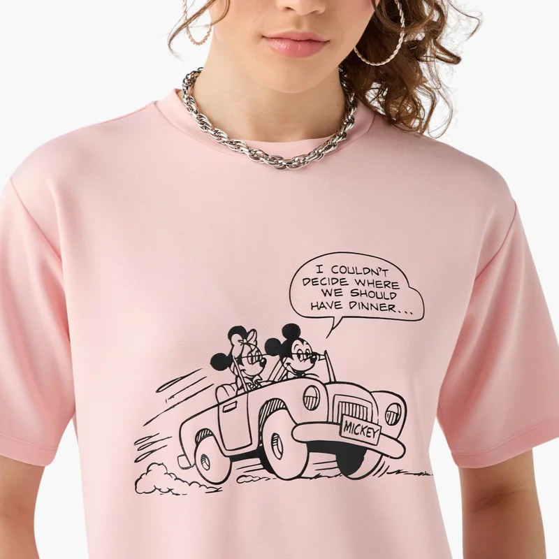 SP Characters Mickey and Minnie Mouse Print T-shirt with Short Sleeves and Crew Neck