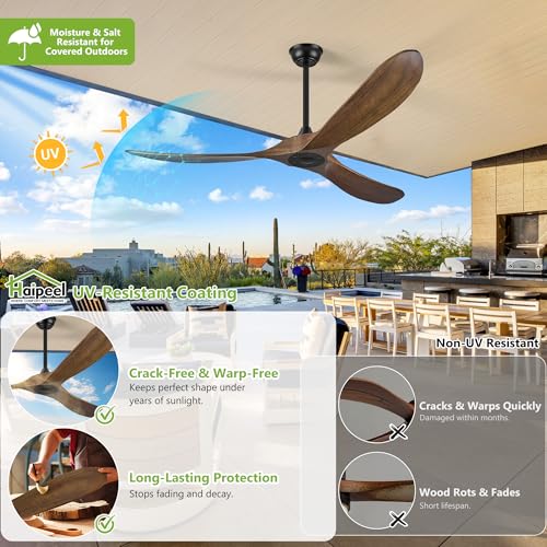 Haipeel 60" Wood Ceiling Fan no Light, 60 Inch Ceiling Fans without Lights with Remote Control, Indoor Outdoor Ceiling Fan no Light for Bedroom Porch Modern Propeller 3 Blade ETL DC Motor, Dark Walnut - Image 2
