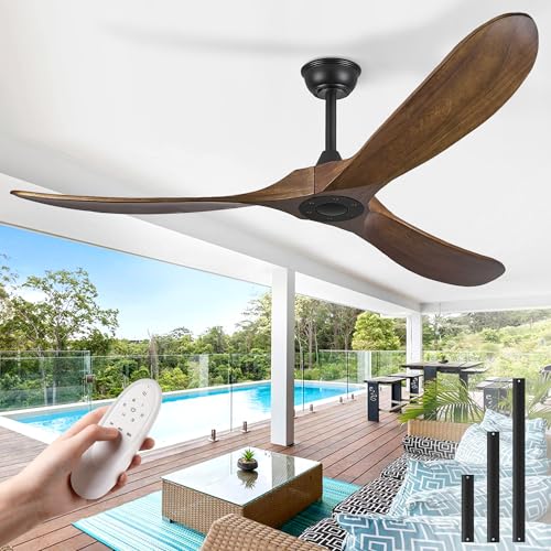 Haipeel 60" Wood Ceiling Fan no Light, 60 Inch Ceiling Fans without Lights with Remote Control, Indoor Outdoor Ceiling Fan no Light for Bedroom Porch Modern Propeller 3 Blade ETL DC Motor, Dark Walnut - Image 1