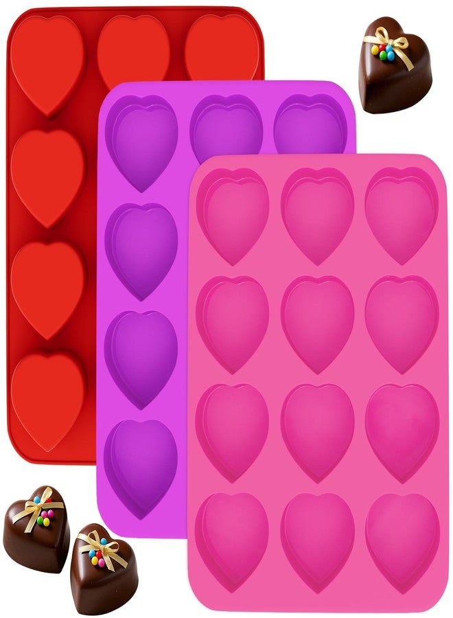 PLUVAVA 3 Pieces Heart Silicone Molds 12 Cavities Chocolate Mold Non-Stick Silicone Heart Shaped Mold Baking Valentines Molds for Making Soap Chocolate Jelly Candy (Red, Purpel, Pink) - Image 1
