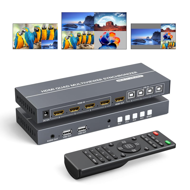 Yinker 4 Port HDMI KVM with MultiViewer 4x1 Quad Multiviewer Seamless Switcher Support 4K30Hz PIP POP Keyboard Hotkey Switch 35mm Audio Output - Image 2