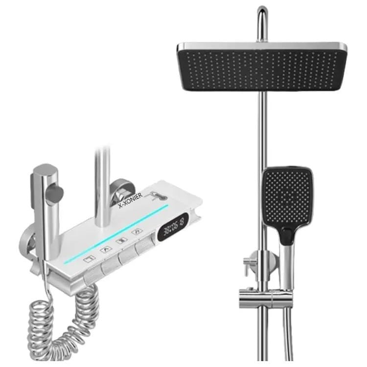 X-XONIER Thermostatic Shower Panel Full Set for Bathroom Shower set piano 4 in 1 Temperature Display Hand Shower Over head shower Mixture Hot and Cold Jet spray White Led - Image 1