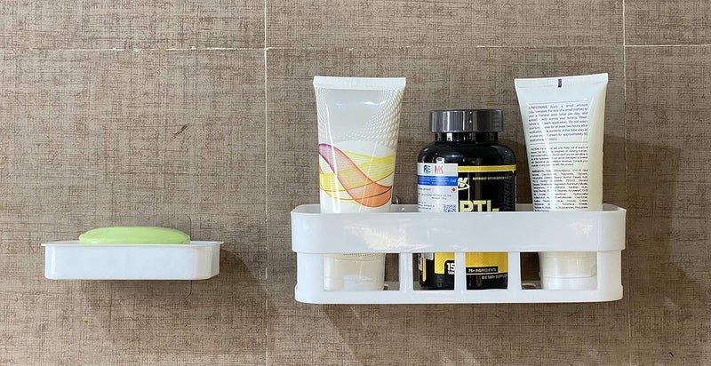 FosCadit Plastic Multipurpose Kitchen Bathroom Wall Corner Shelf and Soap Box Dish with Strong Magic Sticker Combo Bathroom ShelveSoap Stand Small White - Image 1