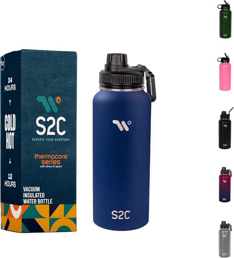 S2C Stainless Steel Water Bottle 1L (32oz) - Double Wall Vacuum Insulated, Leakproof, BPA-Free, Perfect for Gym, Travel with Spout Lid -Thermos Water Flask for Hot Water (NAVY BLUE) - Image 1