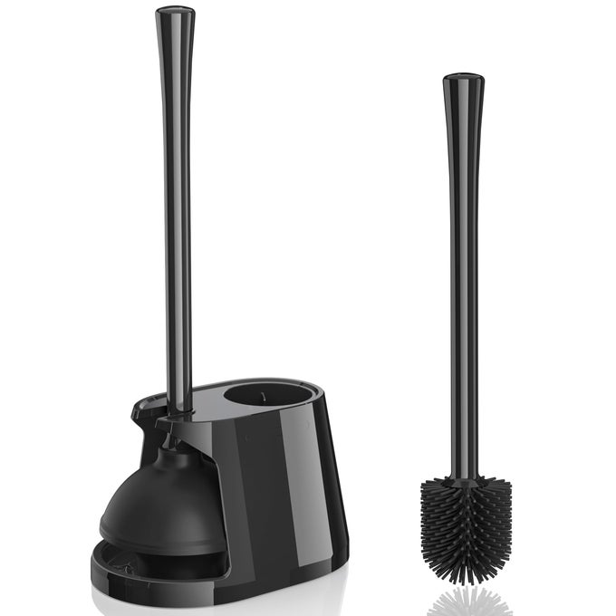 TOILET PLUNGER AND BRUSH SET SILICONE BOWL BRUSH AND HEAVY DUTY TOILET PLUNGER WITH VENTILATED HOLDER 2IN1 TOILET BRUSH AND PLUNGER COMBO FOR 53INCH TOILET DRAIN BATHROOM DEEPLY CLEANING BLACK
