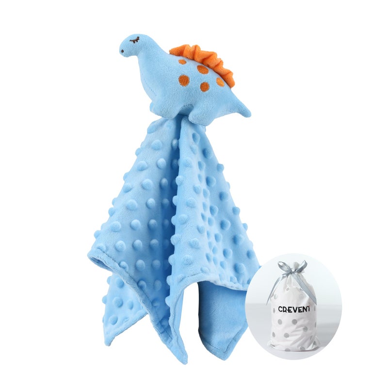 CREVENT Cozy Plush Baby Security Blanket Loveys for Baby Boys Minky Dot Front Sherpa Backing with Animal Face Blue Dinosaur