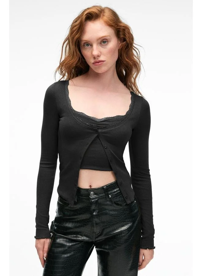 Grimelange ELVURA Women's Flexible Fabric Collar Lace-Detail Buttoned Blouse and Tank Top Set in Black.