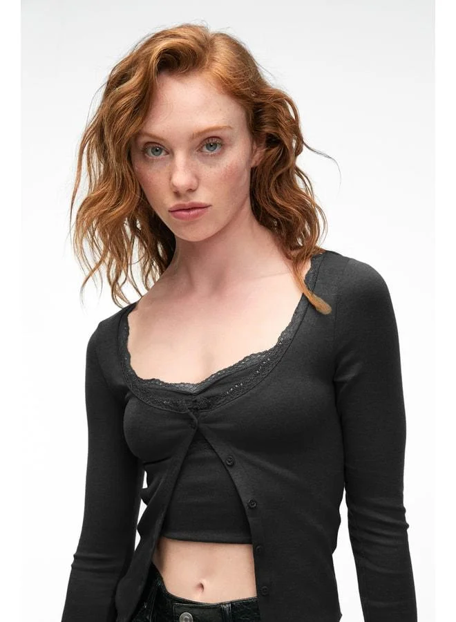 Grimelange ELVURA Women's Flexible Fabric Collar Lace-Detail Buttoned Blouse and Tank Top Set in Black.