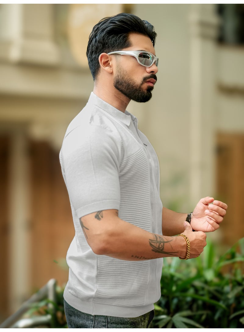 Maniac Maniac Mens Glitch line Polo Neck Half Sleeve Half Zipper Half White Cotton T-Shirt  - Image 2