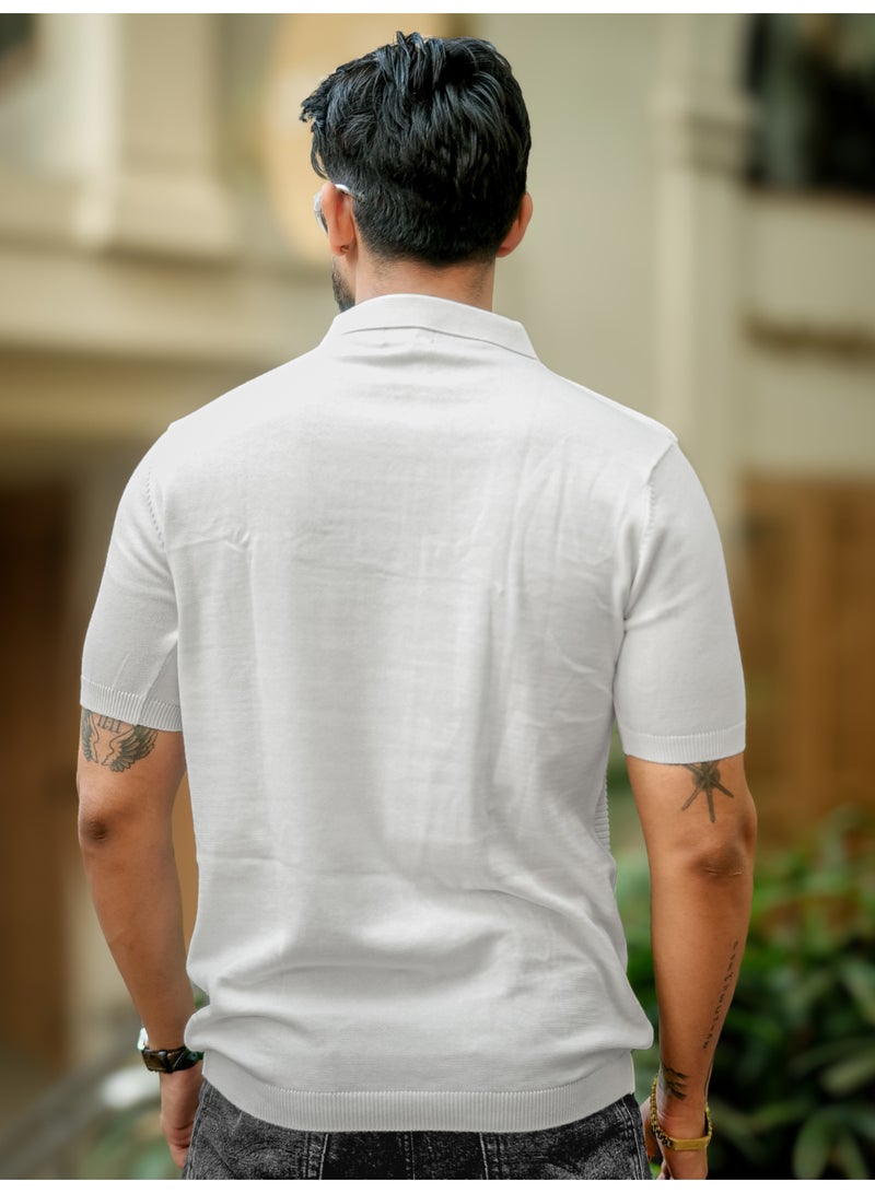 Maniac Maniac Mens Glitch line Polo Neck Half Sleeve Half Zipper Half White Cotton T-Shirt  - Image 3