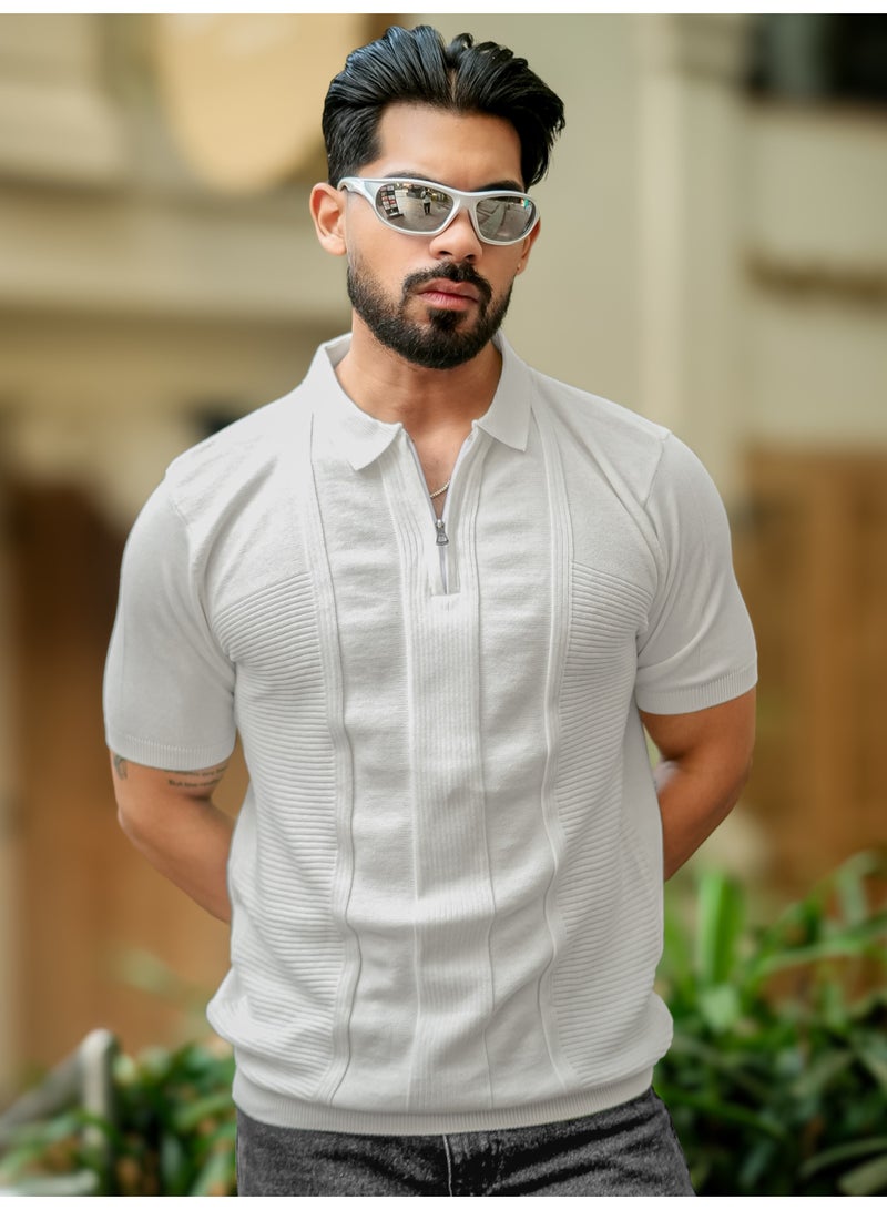 Maniac Maniac Mens Glitch line Polo Neck Half Sleeve Half Zipper Half White Cotton T-Shirt  - Image 5