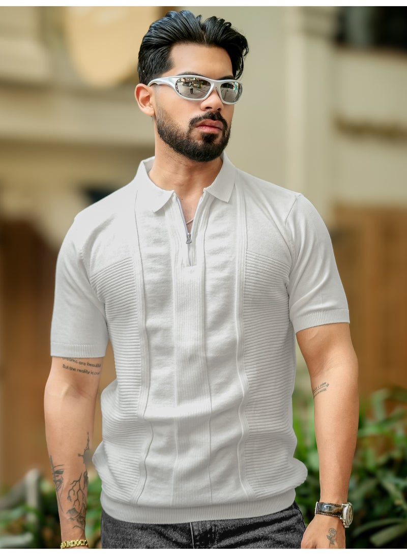 Maniac Maniac Mens Glitch line Polo Neck Half Sleeve Half Zipper Half White Cotton T-Shirt  - Image 1