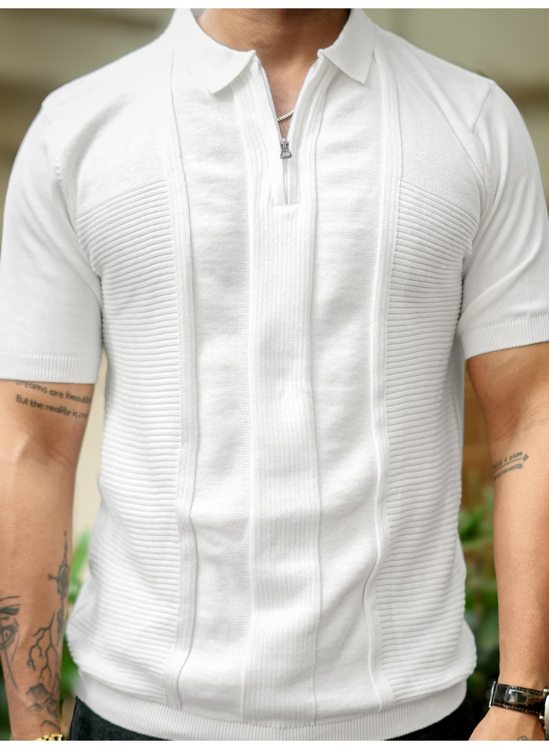 Maniac Maniac Mens Glitch line Polo Neck Half Sleeve Half Zipper Half White Cotton T-Shirt  - Image 4