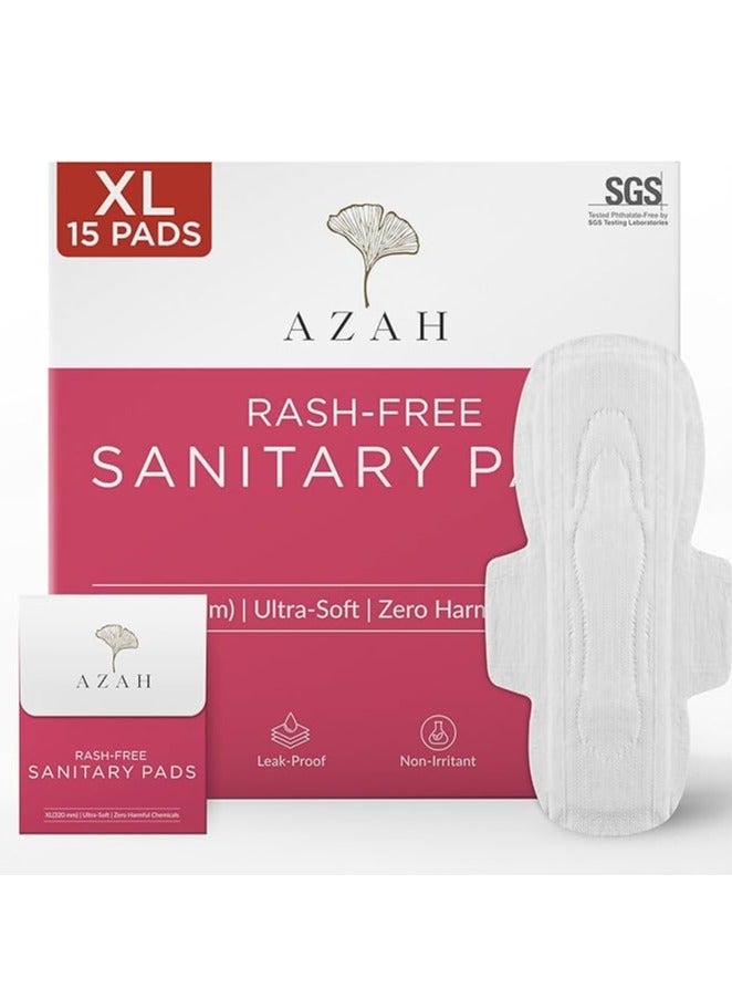 Azah Rash-Free Sanitary Pads for Women Leak Proof (15 XL Pads) | Cottony Soft and Dry Top Cover | Medium to Heavy Flow | Extra Long, Super Absorbent, Toxin Free, Locks Odour | With Disposal Bags - Image 1