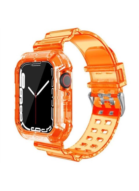 Crystal Clear Watch Band with Rugged Bumper Case Compatible with Apple Watch 42mm 44mm Series 7/6 Replacement Soft TPU Transparent Strap, Clear Orange