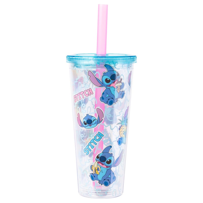 Silver Buffalo Disney Lilo and Stitch Snacking Pattern Plastic Boba Tumbler with Lid and Straw 24 Ounces
