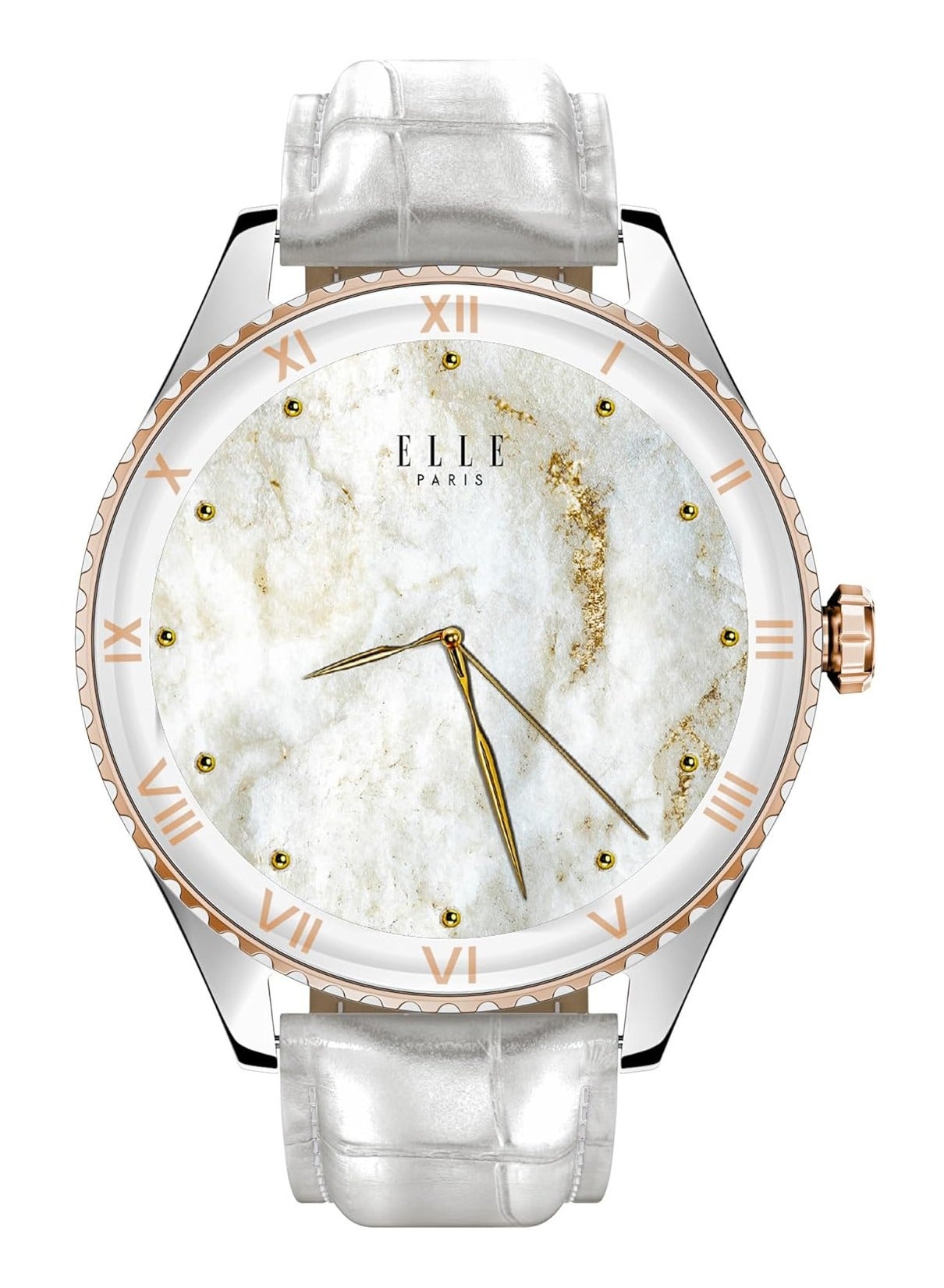 ELLE Soleil Women’s Smartwatch 1.19'' AMOLED, Bluetooth Calling, Multilingual, Wireless Charging, Fitness Tracking, IP68, iOS/Android Compatible, Silver Frame & White Leather Starp + 2 Premium Straps