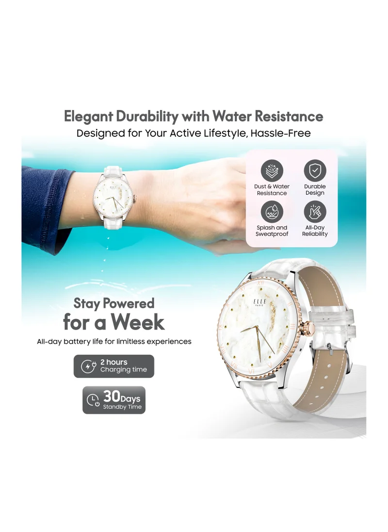 ELLE Elle Soleil Women’s Smartwatch 1.19'' AMOLED, Bluetooth Calling, Multilingual, Wireless Charging, Fitness Tracking, IP68, iOS/Android Compatible, Silver Frame & White Leather Starp + 2 Premium Straps