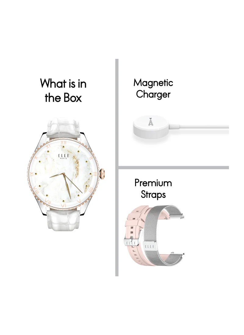 ELLE Elle Soleil Women’s Smartwatch 1.19'' AMOLED, Bluetooth Calling, Multilingual, Wireless Charging, Fitness Tracking, IP68, iOS/Android Compatible, Silver Frame & White Leather Starp + 2 Premium Straps